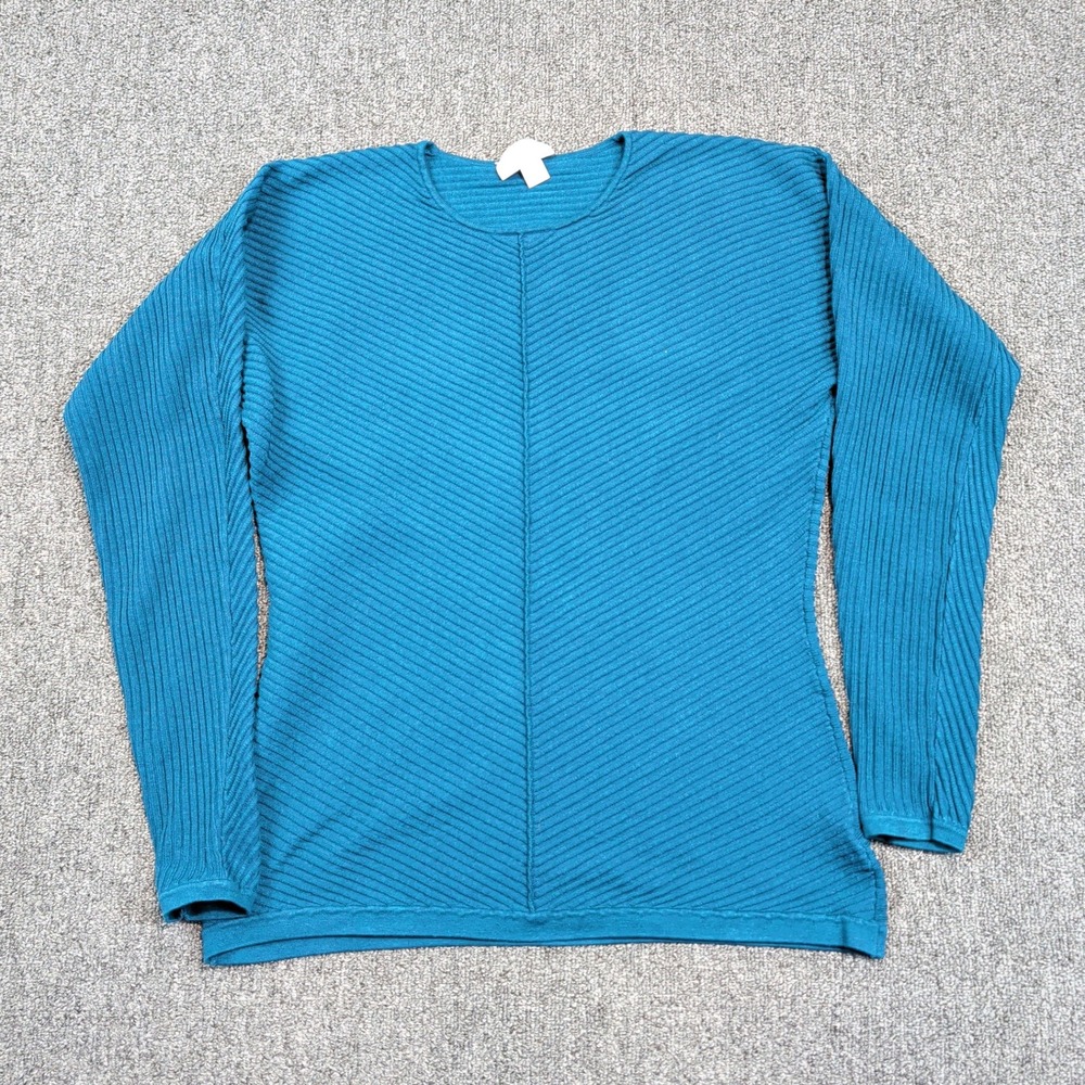 Carlisle New York Silk Blend Chevron Rib Knit Sweater S Teal Blue Quiet Luxury